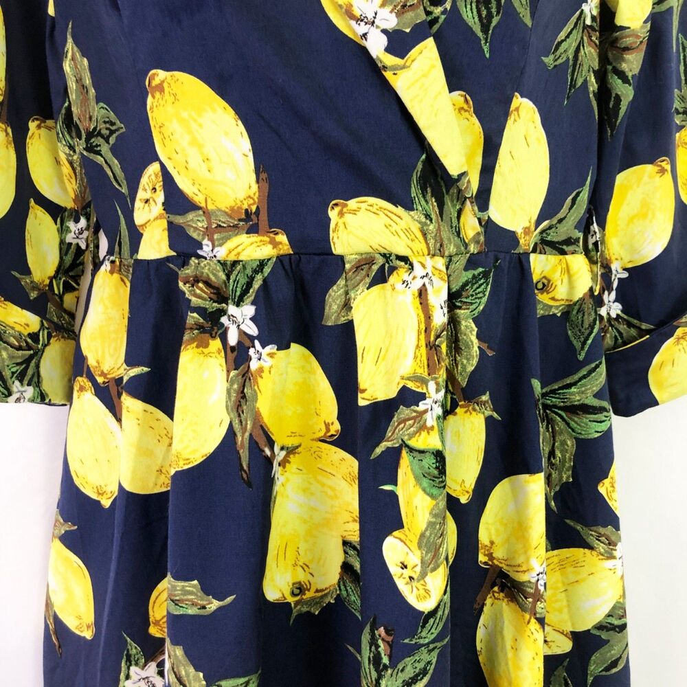 NWOT SUCREFAS Lemon Floral Navy Dress (M) Blue Retro Swing Fit & Flare - Picture 5 of 13